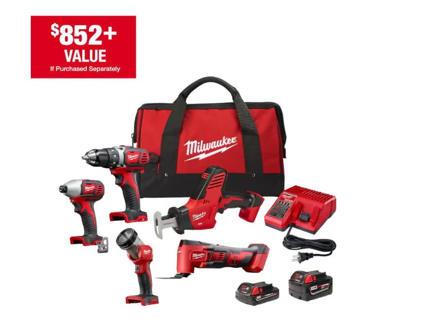 Milwaukee M18 18V Lithium-Ion Cordless Combo Kit (5-Tool) with (2) Batteries, Charger and Tool Bag