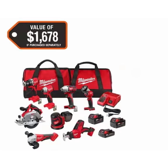 Milwaukee M18 18V Lithium-Ion Cordless Combo Kit (8-Tool) with (3) Batteries, Charger and Tool Bag