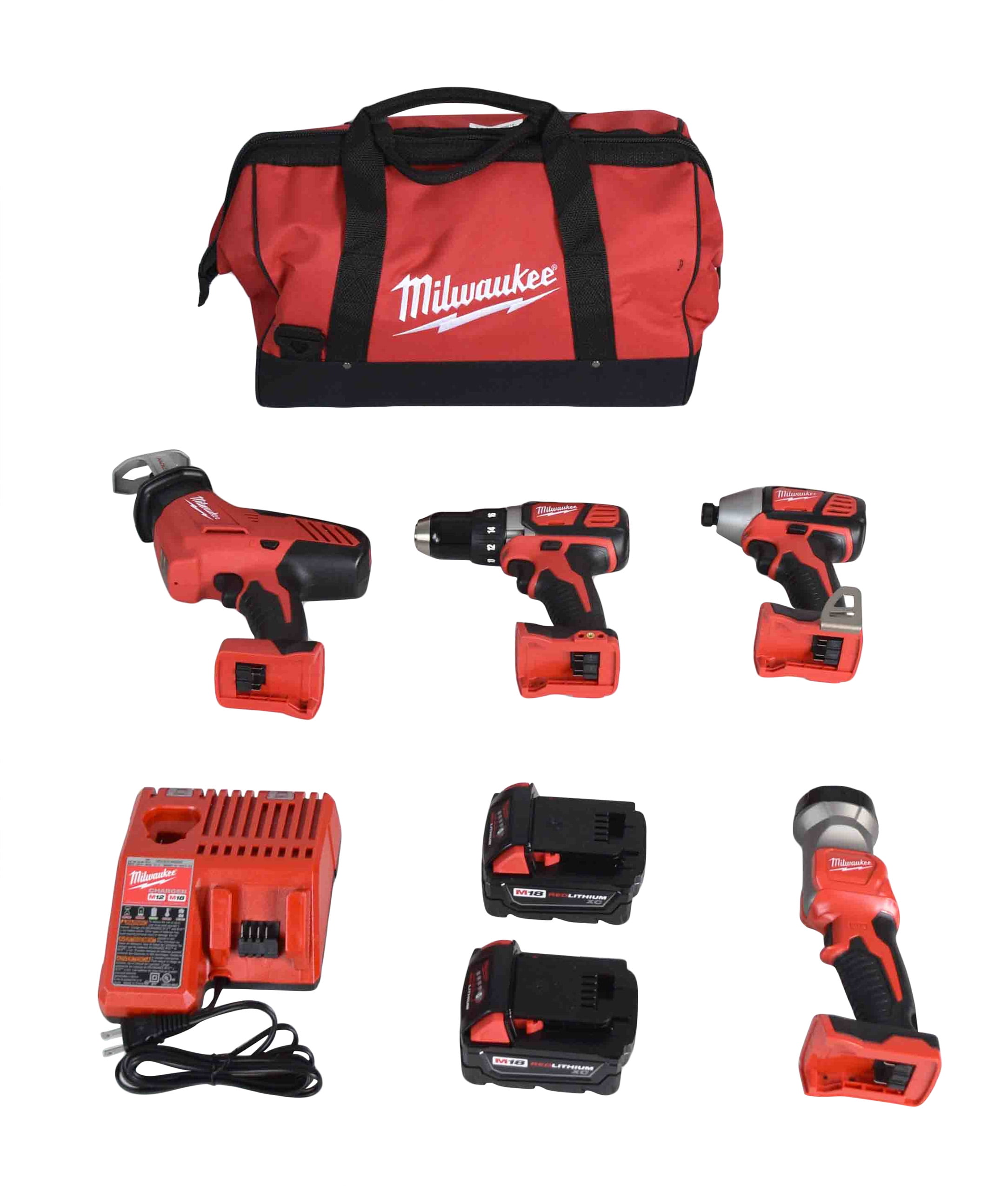 Milwaukee M18 Cordless 18V 4-Tool Kit (Drill/Driver, Hackzall, Impact  Driver, Light) 2695-24 with (2) 3Ah Batteries, Charger,  Tool Bag 