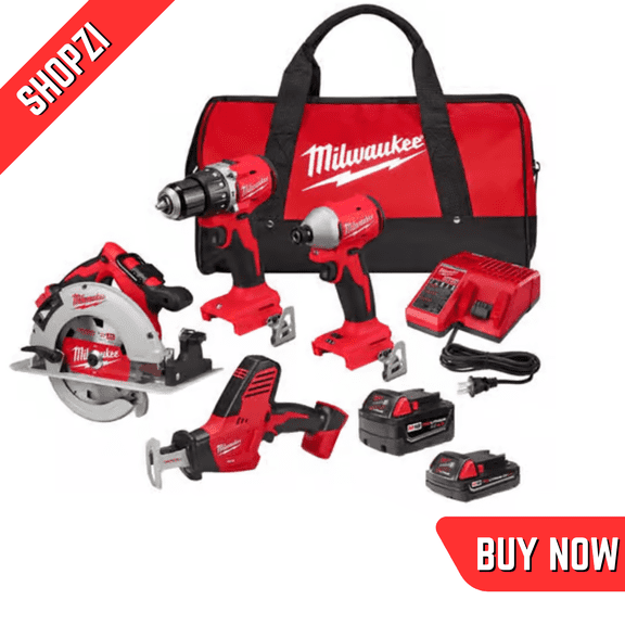 Milwaukee M18 Cordless Brushless 4Tool Combo Kit, Drill/Driver, Impact Driver, Circular Saw & LED Work Light, LithiumIon Batteries & Charger Included