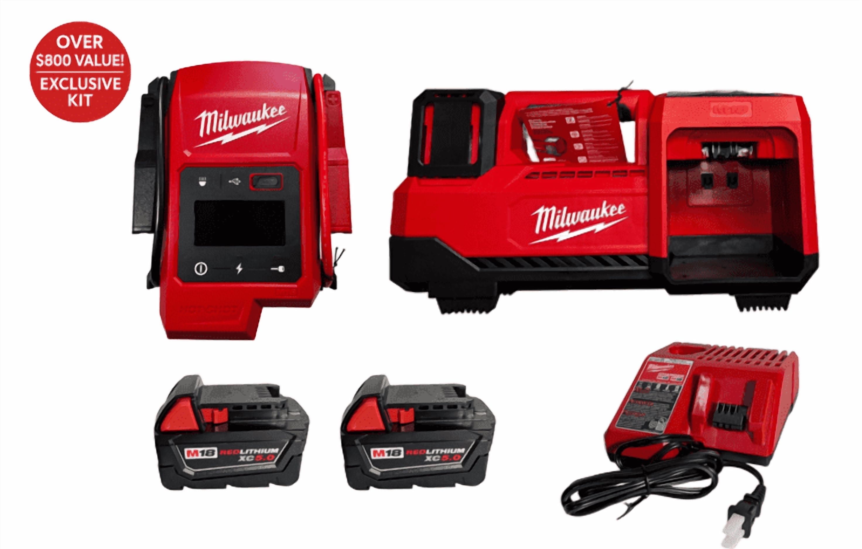 Milwaukee M18 Auto Emergency Kit - Includes HOTSHOT Jump Starter, Portable Inflator for Tires, (2) XC 5.0Ah 18V Batteries, and Charger