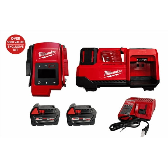 Milwaukee M18 Auto Emergency Kit - Includes HOTSHOT Jump Starter, Portable Inflator for Tires, (2) XC 5.0Ah 18V Batteries, and Charger