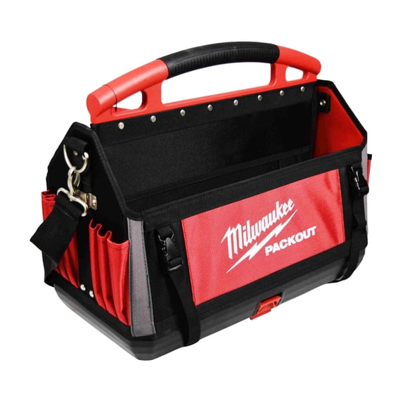 Milwaukee PACKOUT 20 in Modular Storage Tote (48-22-8320) 32-Pocket Tool Tote with Locking Base, Shoulder Strap, and Reinforced Construction