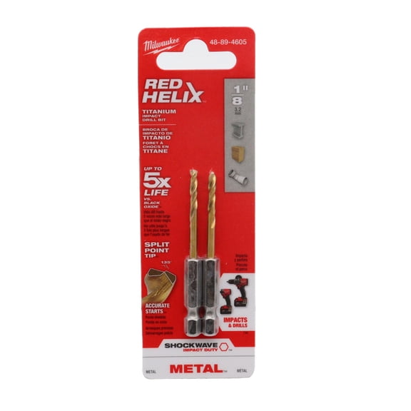 Milwaukee Shcokwave Red Helix Titanium Impact Duty 5/32 Drill Bit 1/4 Hex Shank, 135 Split Point, Rapid Chip Removal, Impact-Rated for Drills & Drivers