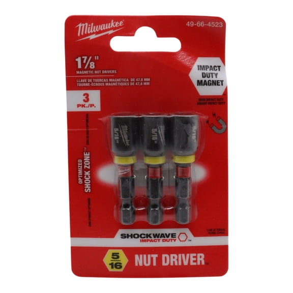 Milwaukee Shockwave 5/16 x 1-7/8 Impact Duty Magnetic Nut Driver 3-Pack High-Durability Magnetic Tips, Custom Alloy76 Steel, Shcok Zone Torque Absorption, Color-Coded for Quick Identification