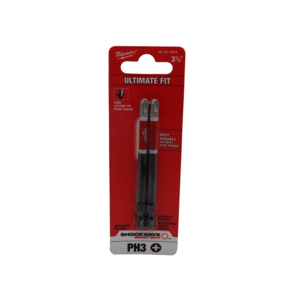 Milwaukee Shockwave Impact Duty 3-1/2 Phillips #3 Power Driver Bits (2-Pack)  Alloy76 Steel, Wear Guard Tip, Optimized Shockzone Absorbs Torque, Built for Impact Drivers and Drill Drivers