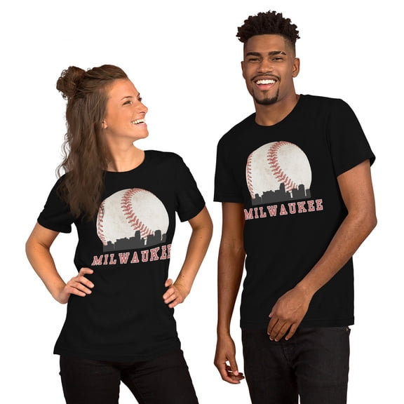Milwaukee Skyline Baseball Graphic T-Shirt,Sports Fan Tee, City Silhouette Shirt (Black, S)