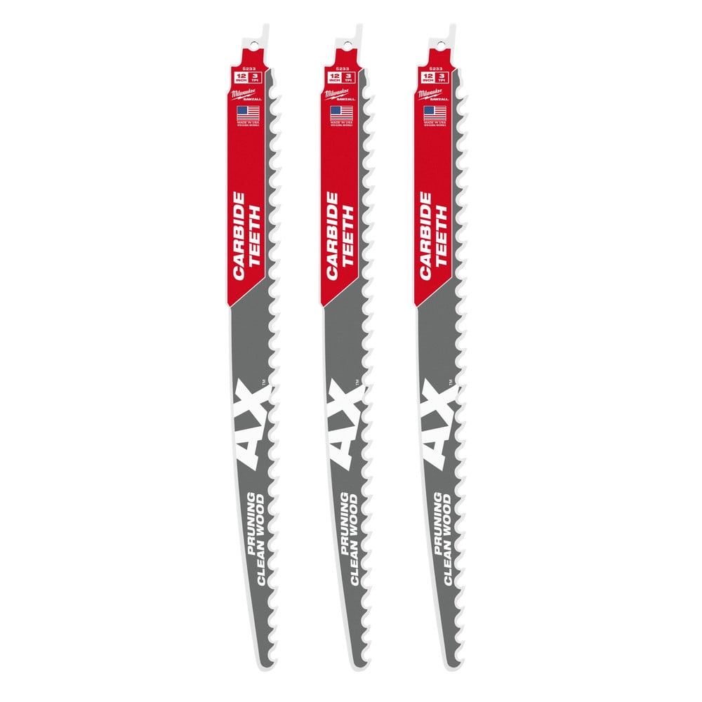 Milwaukee Tool 12" 3 TPI The AX with Carbide Teeth for Pruning & Clean Wood SAWZALL Blade 3PK