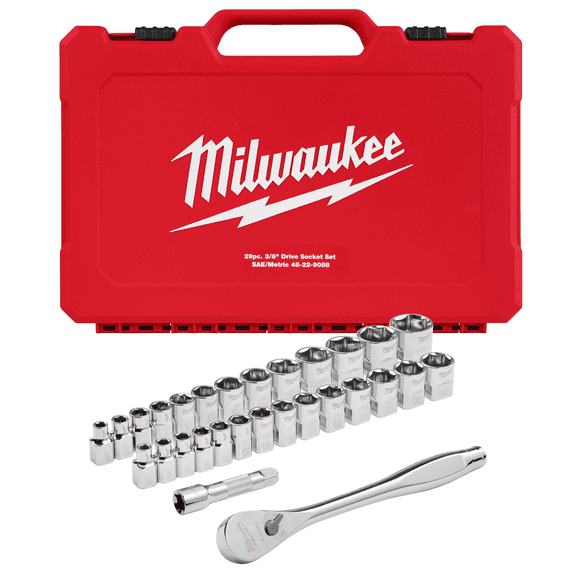 Milwaukee Tool 29pc 3/8" Drive Metric & SAE Ratchet and Socket Set with FOUR FLAT SIDES