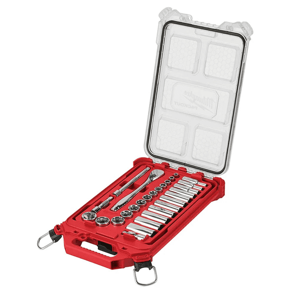 Milwaukee Tool 3/8 Drive 28pc Ratchet & Socket Set with PACKOUT Low-Profile Compact Organizer - SAE