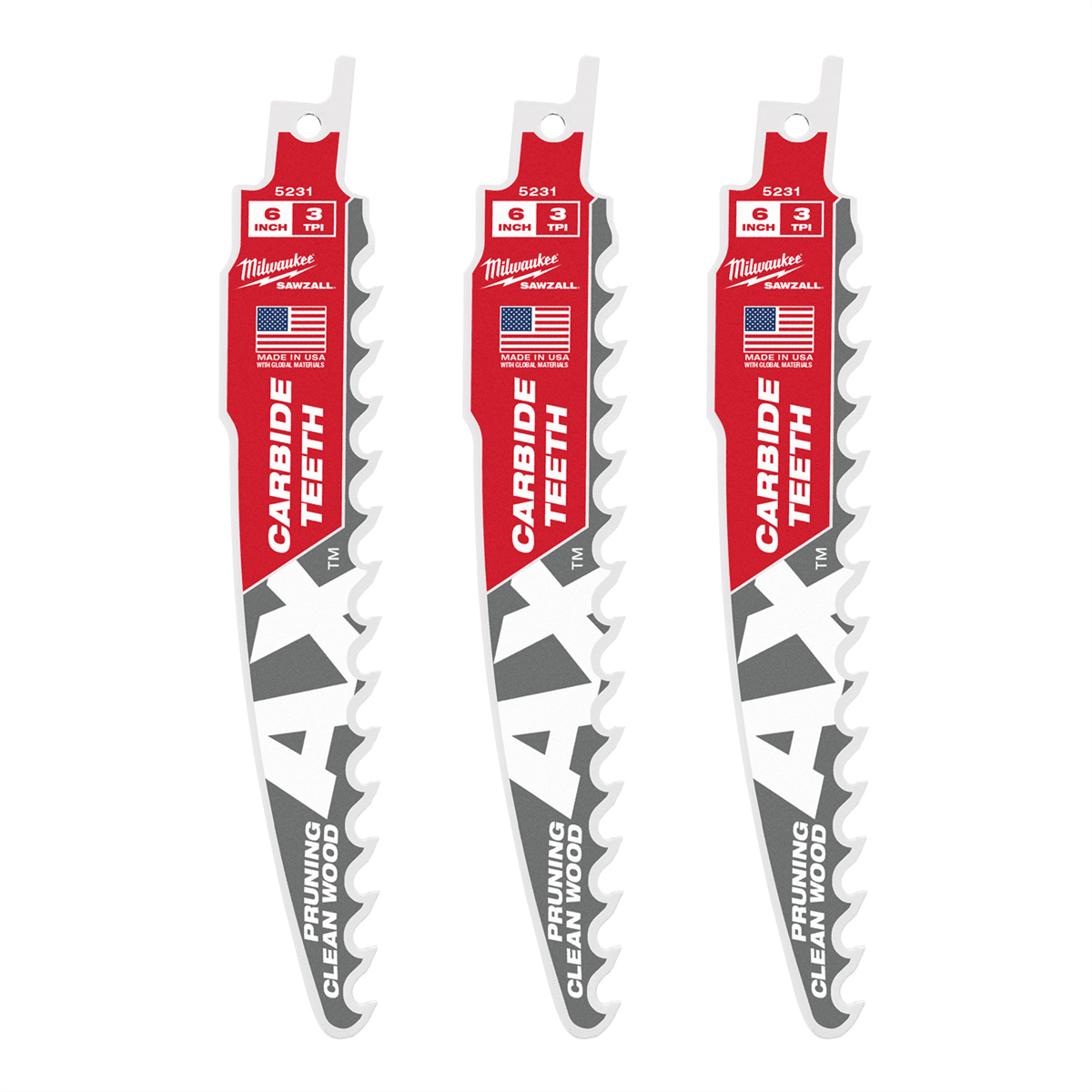 Milwaukee-48-00-5331 6in. 3 TPI The AX with Carbide Teeth for Pruning And Clean Wood SAWZALL Blade 3PK