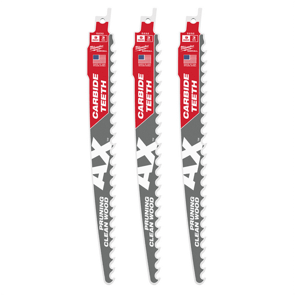 Milwaukee Tool 9" 3 TPI The AX with Carbide Teeth for Pruning & Clean Wood SAWZALL Blade 3PK