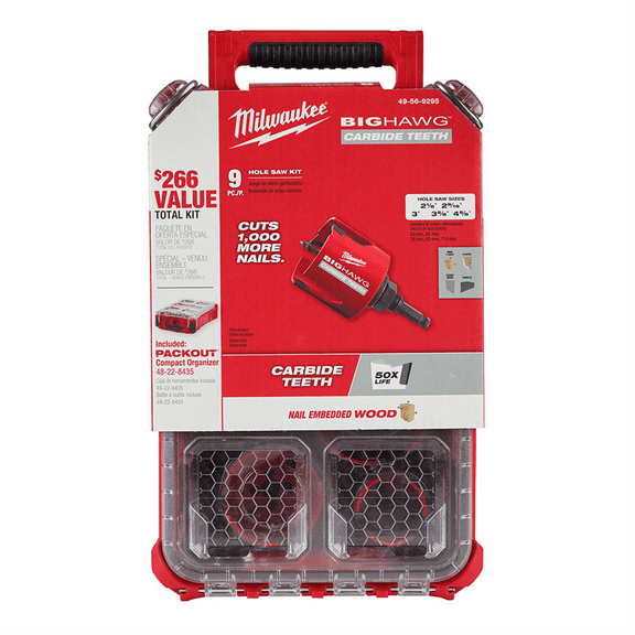Milwaukee 49-56-9295 Big Hawg Carbide Hole Saw Kit (9-Piece) with Packout Case