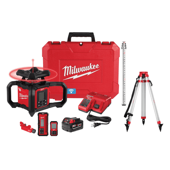 Milwaukee Tool M18 Red Exterior Dual Slope Rotary Laser Level Kit with Receiver, Remote, Grade Rod, and Tripod