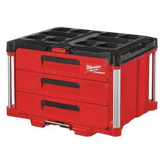 Milwaukee Tool PACKOUT 3-Drawer Tool Box, Polymer, Black/Red, 22-1/4 in W x 16-1/4 in D x 14-1/4 in H