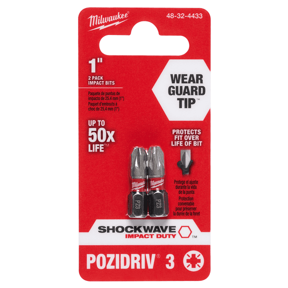 Milwaukee Tool Shockwave 1" Impact Pozidriv #3Insert Bits (2PK)