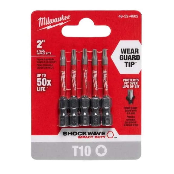 Milwaukee 48-32-4682 T10 Torx Shockwave Impact 2" Power Bits (5 Pack)