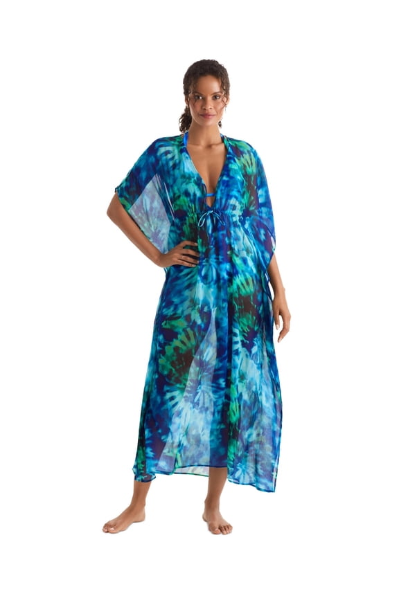 SALTWATER TIE DYE Dune Printed MIDI V-Neck Caftan, US X-Large