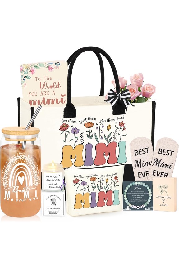 Mimi Gifts for Grandma Great Christmas Gifts for Mimi Grandma Gift Set Ideas Tote Bag Makeup Bag 16 Oz Can Glass Grandma Birthday Gift