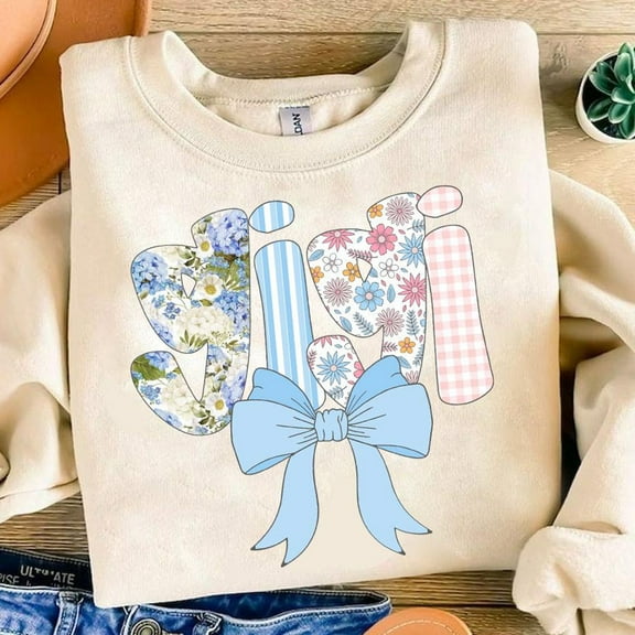 Mimi Gigi Nana Floral Coquette Bow Glitter , Blue Floral, Stripes, Mimi Flower , Preppy Nana , Mothers Day , Hand Lettered SWEATSHIRT All Size S-5XL
