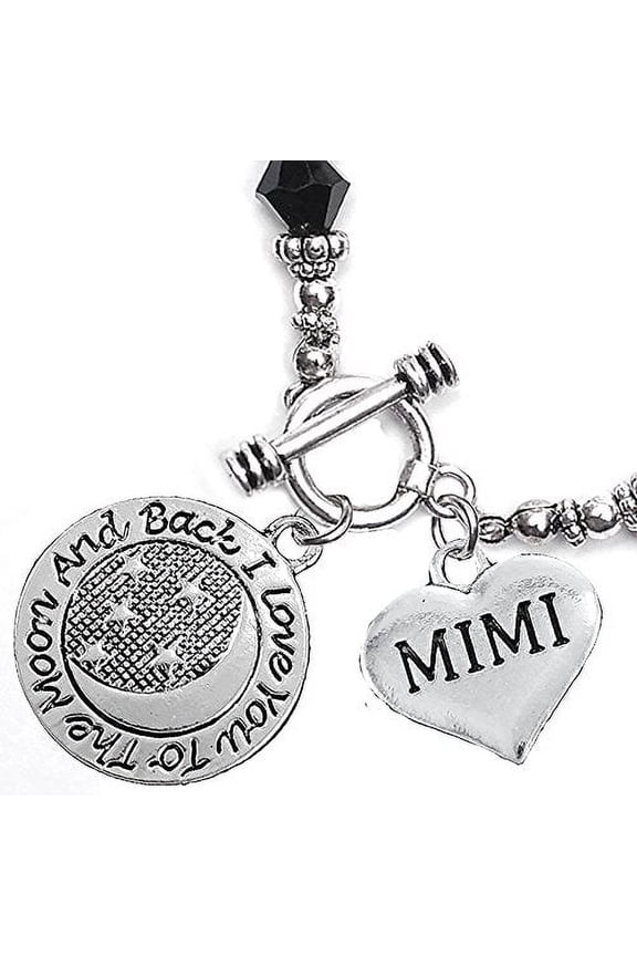 Mimi, I Love You To The Moon And Back Jet Crystal Charm Bracelet, Hypoallergenic, Safe, Nickel, Lead, & Cadmium Free.