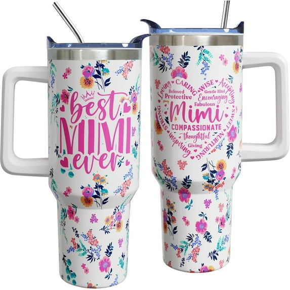 Mimi Mothers Day Gifts for Women Grandma from Grandkids, 40 oz Best Mimi Ever Cup Tumbler with Handle Lid and Straw