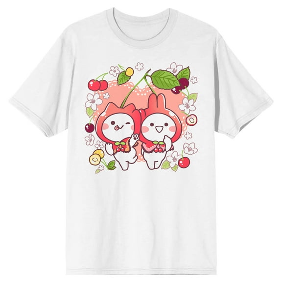 Mimi & Neko Flowers & Fruits Crew Neck Short Sleeve White Adult T-shirt-Medium