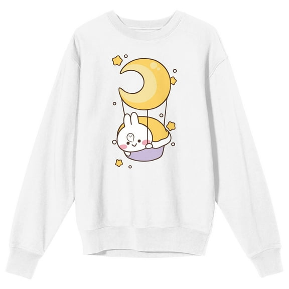 Mimi & Neko Mimi on Hot Air Balloon with Moon Men's White Crew Neck Graphic Sweatshirt-3XL