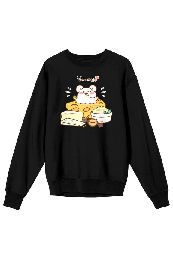Mimi & Neko Nezu Chan Yummy Food Pile Crew Neck Long Sleeve Men's Black Sweatshirt-3XL