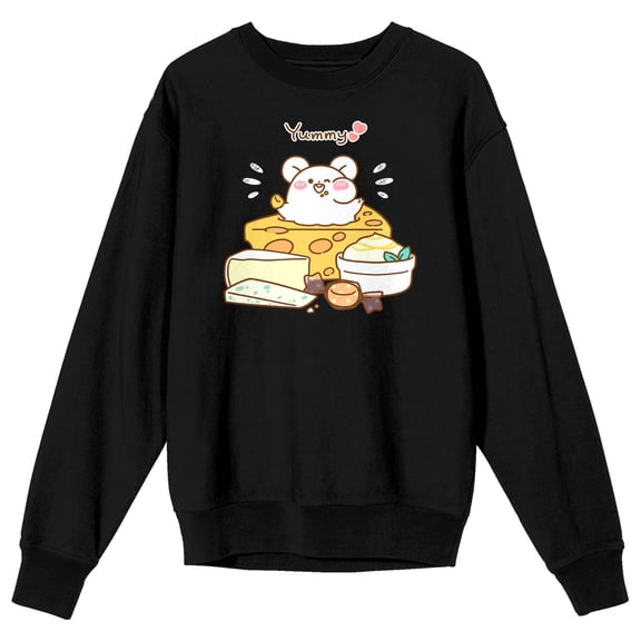 Mimi & Neko Nezu Chan Yummy Food Pile Crew Neck Long Sleeve Men's Black Sweatshirt-XXL
