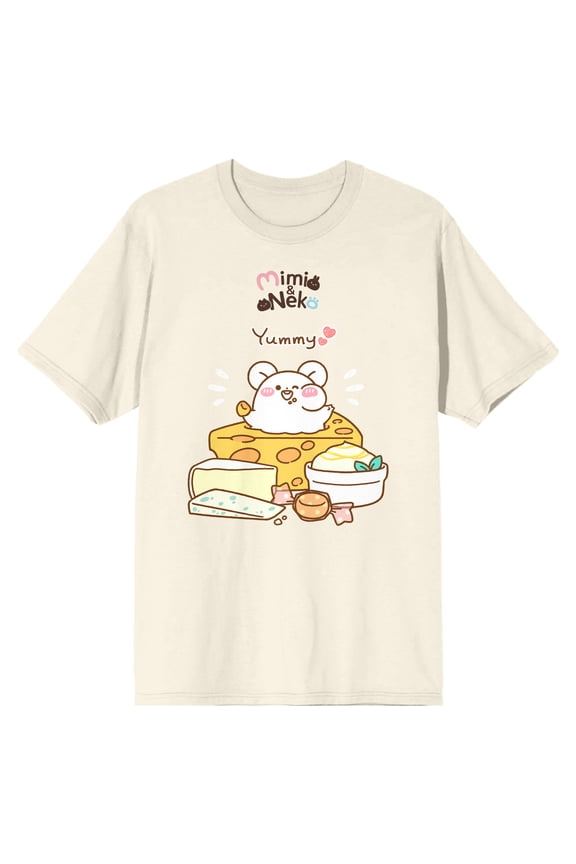 Mimi & Neko Nezu Eating Yummy Cheese Crew Neck Short Sleeve Natural Ground Men's T-shirt-Large