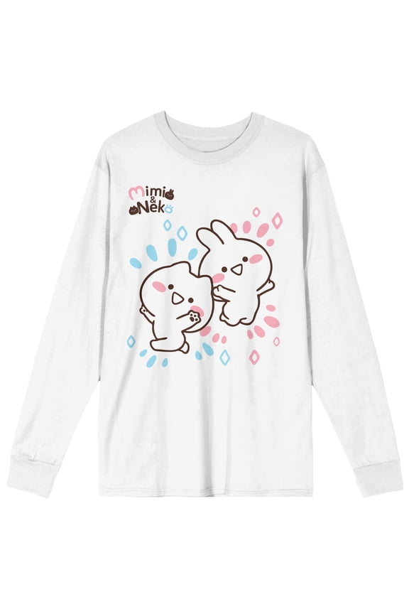 Mimi & Neko Rabbit And Cat Ears Crew Neck Long Sleeve Men's White Tee-Large