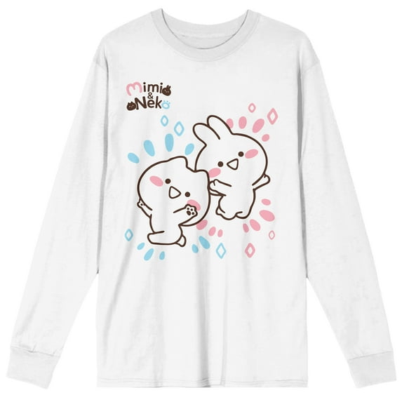 Mimi & Neko Rabbit And Cat Ears Crew Neck Long Sleeve Men's White Tee-Medium