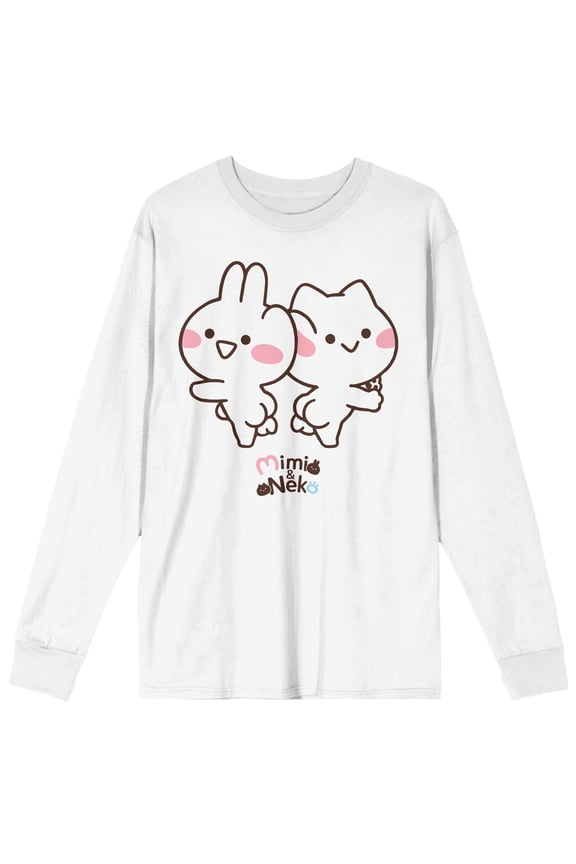 Mimi & Neko Rabbit Ear to Cat Ear with Logo Men's White Long Sleeve Crew Neck Tee-Large