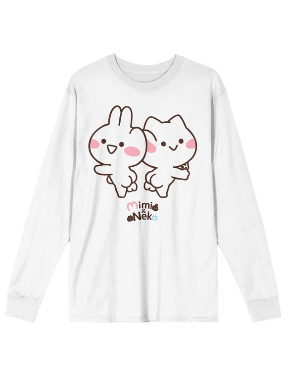 Mimi & Neko Rabbit Ear to Cat Ear with Logo Men's White Long Sleeve Crew Neck Tee-Small