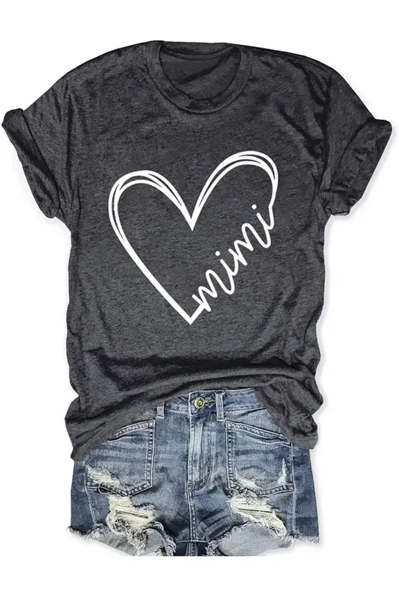 Mimi T-Shirt for Women Cute Heart Graphic Short Sleeve Tee Retro Casual Summer Tops Script Lettering Design Dark Grey Heather
