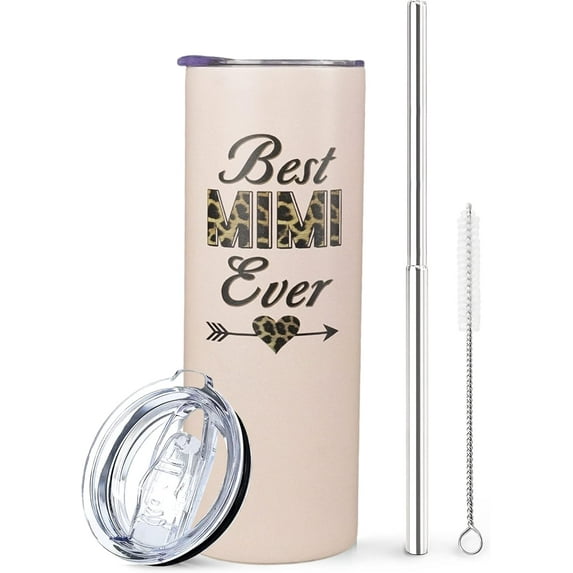 Mimi Tumbler 20 Oz - Pink Leopard Print Insulated Mug with Lid and Straw - Skinny Tumbler Cup, Ideal Grandma Birthday Gift for Mom, Best Mimi Ever Present