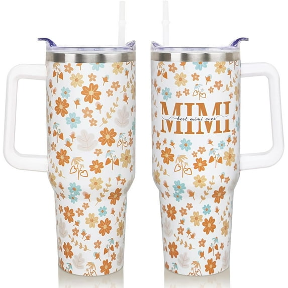 Mimi Tumbler 40 Oz, Birthday &, Mimi Cup Coffee Mug Stainless Steel 40 Oz Tumbler with Handle & Straw