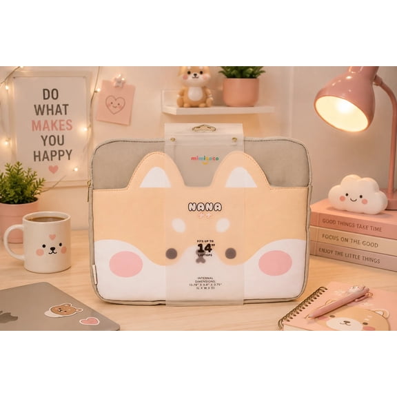 MimiCoco NANA 14 Laptop Sleeve Front Pocket Shiba Kawaii Beige