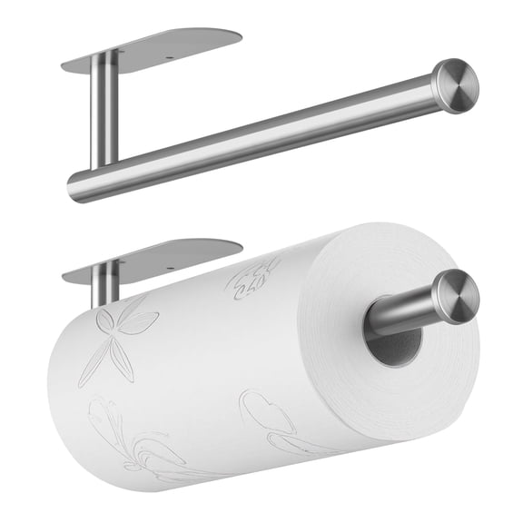 Mimifly 2 Pack Silver Stainless Steel Paper Towel Holder Under Cabinet Wall Mount, Self-Adhesive or Drill Installation