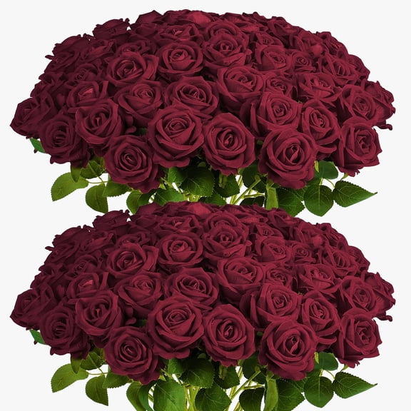 Mimifly 20 Pcs Real-Looking Artificial Roses with Stems, DIY Fake Flowers for Wedding Bouquets, Bridal Shower Centerpieces, & Home Decor - Burgundy