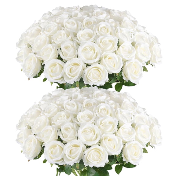 Mimifly 20 Pcs Real-Looking Artificial Roses with Stems, DIY Fake Flowers for Wedding Bouquets, Bridal Shower Centerpieces, & Home Decor - White