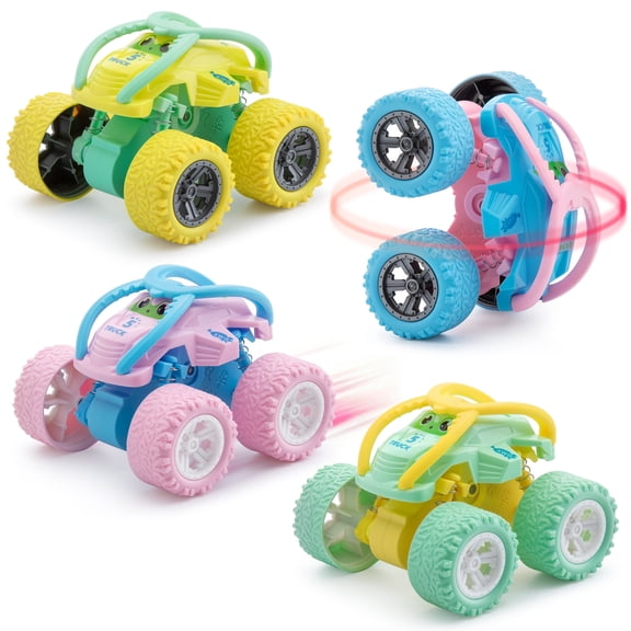 Mimifly 360 Degree Rotating Friction Power Stunt Flip Cars Macaron Rolling for Ages 3 4 Pack
