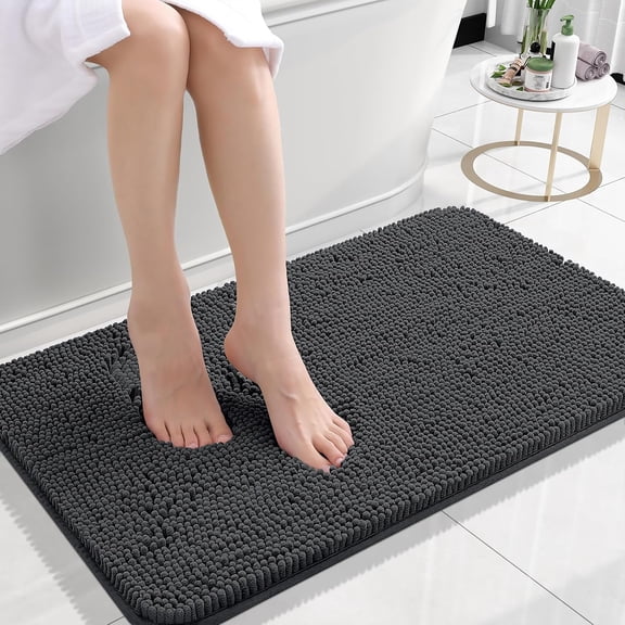 Mimifly Chenille Bath Rug 24x16, Extra Soft Shaggy Non-Slip Mat, Ultra Absorbent & Quick Dry, Machine Washable Floor Carpet for Bathroom, Tub, & Shower - Dark Gray