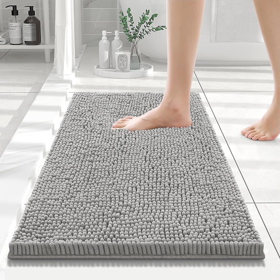 Mimifly Chenille Bath Rug 24x16, Extra Soft Shaggy Non-Slip Mat, Ultra Absorbent & Quick Dry, Machine Washable Floor Carpet for Bathroom, Tub, & Shower - Gray