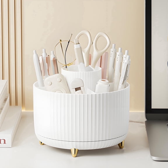 Mimifly 360° Rotating Makeup Brush Holder & Cosmetic Organizer, 5-Compartment Vanity Storage for Brushes, Lipsticks, and Skincare, Desktop Stationery Caddy for Bathroom & Office (White)