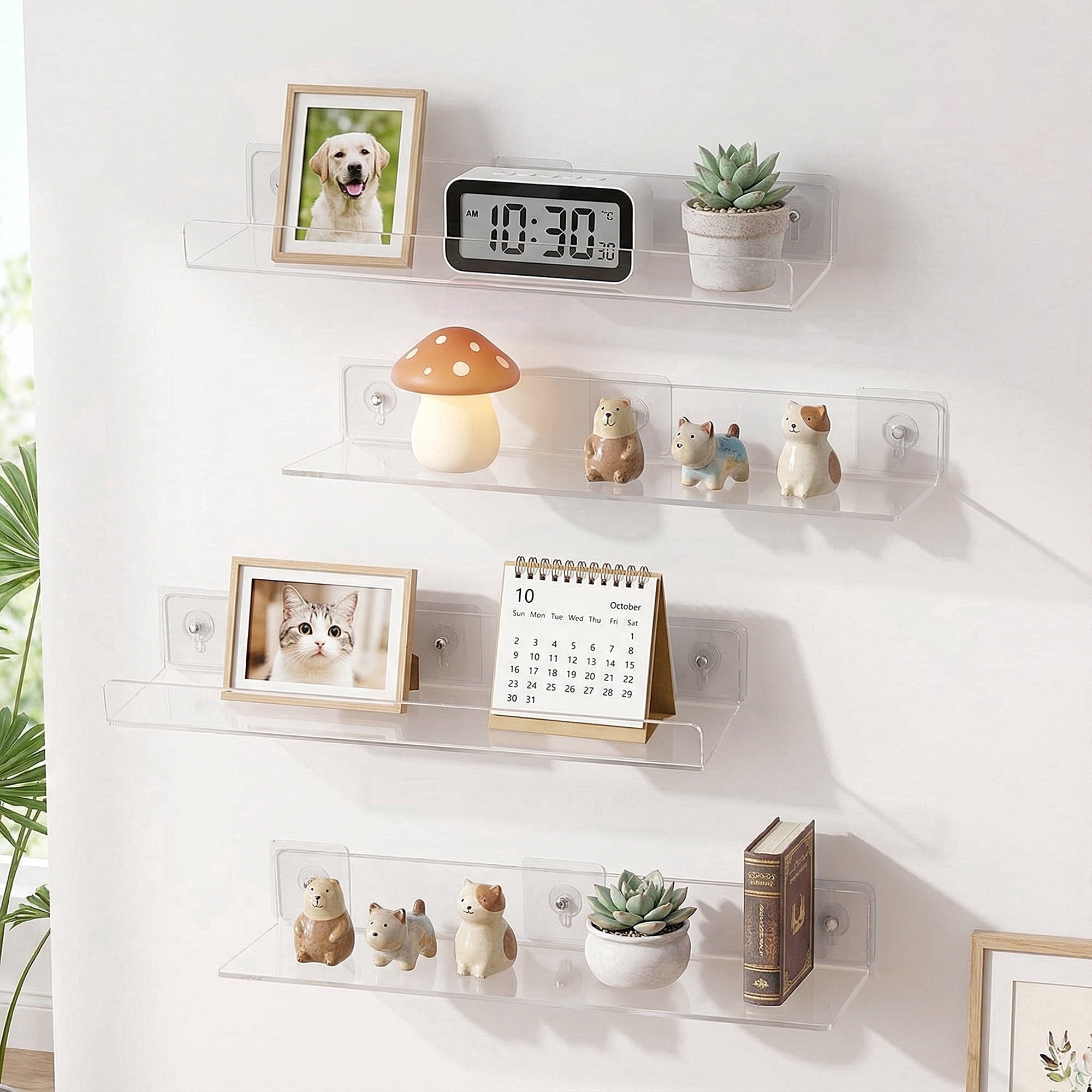 Mimifly 4-Pack Clear Acrylic Floating Shelves 15.7"x4", 2 U-Shape & 2 L-Shape Wall Organizer | Bathroom Storage, Bookshelf, Perfume Display, Makeup & Collectibl
