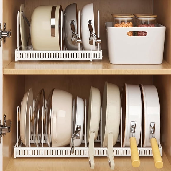 Mimifly Expandable Pans Organiser Rack, 10 Adjustable Compartments, Pantry Cupboard Bakeware Lid Plate Holders, White