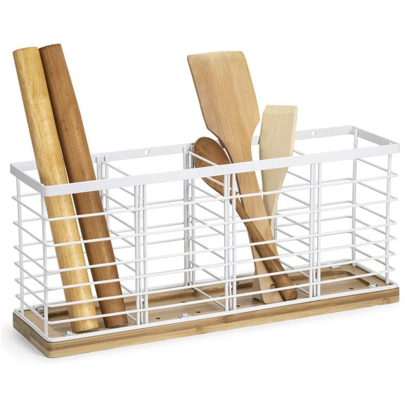 Mimifly Kitchen Utensil Holder with 4 Compartments, Metal Holder with Bamboo Base for Countertop