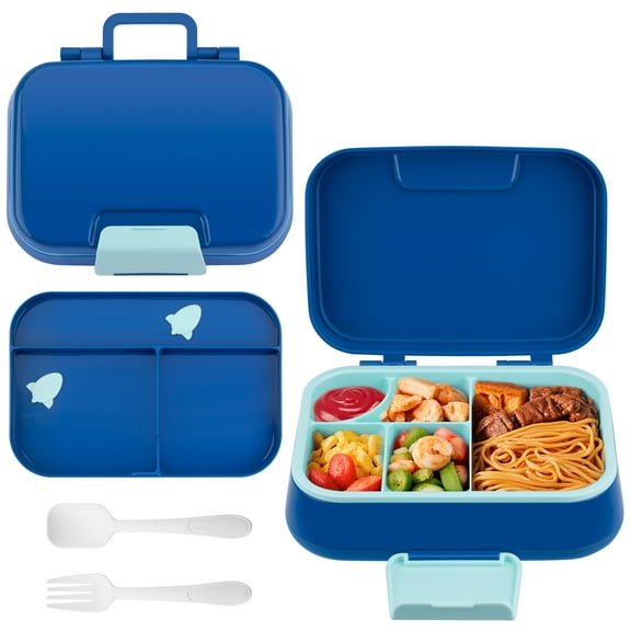 Mimifly Leak-Proof Kids Bento Lunch Box with 5 Compartments, Portable Food Container with Utensils, Microwave and Dishwasher Safe, Royal Blue